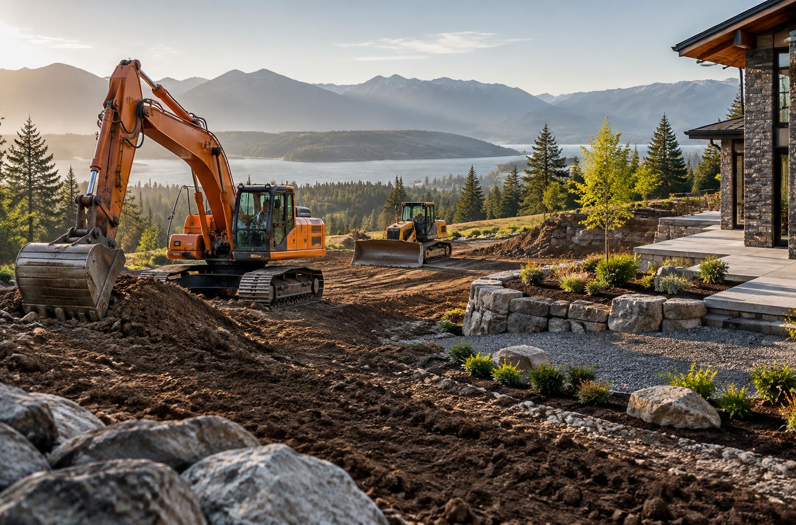 Excavation equipment shaping a landscaped mountain property