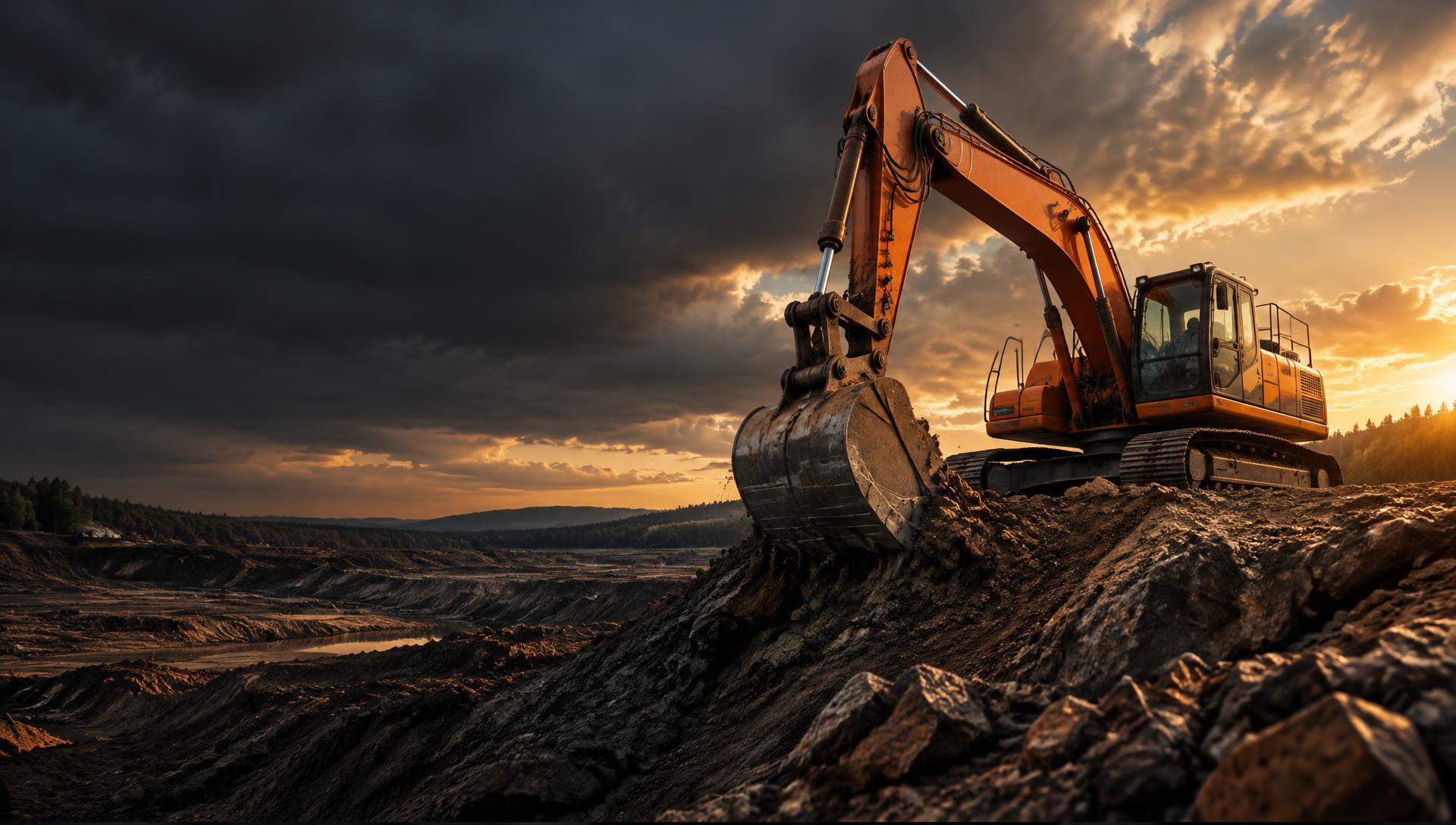 Orange excavator working across a rugged construction site at sunset