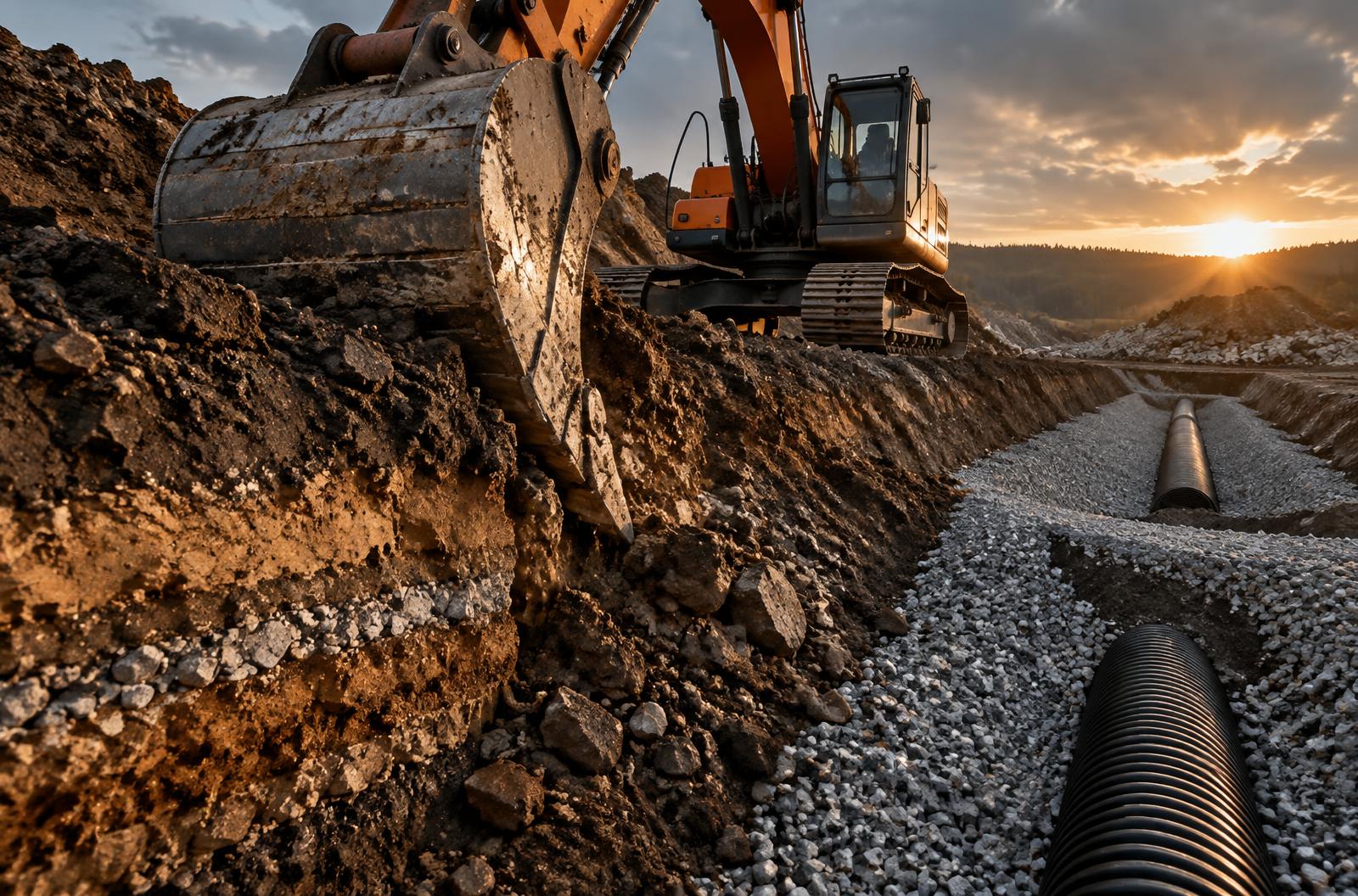 Excavator cutting a precise drainage trench